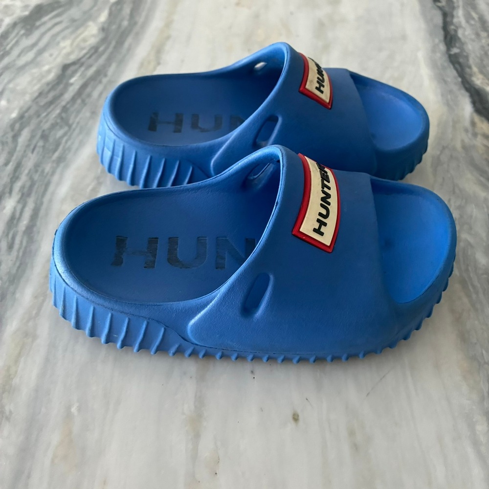 Hunter Kids Bloom Algae Foam Slides Blue Sandals Logo Patch Size 9 C